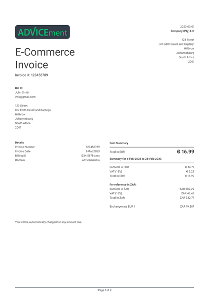 Example of e-commerce invoice