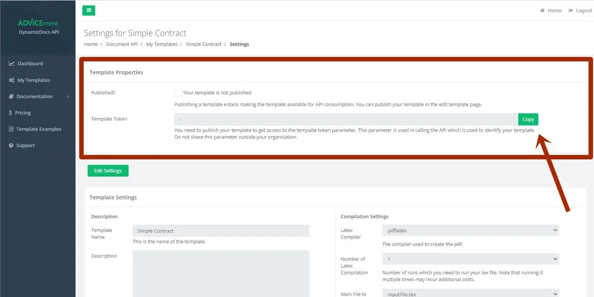 ADVICEment Template Settings page