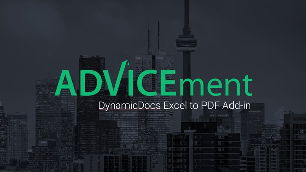 advicement logo with subheading of DynamicDocs Excel to PDF Add-in